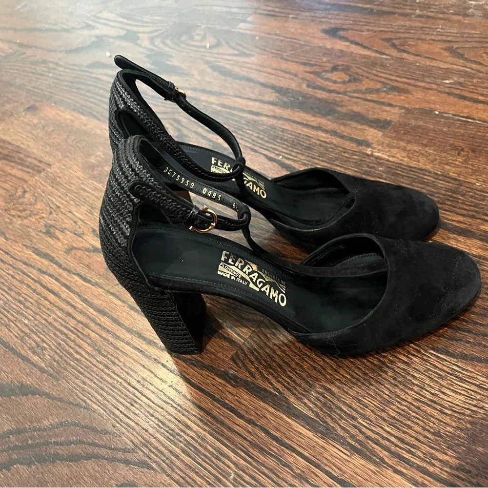 Salvatore Ferragamo Black Suede and Leather Fergie TStrap Pumps (Made in Italy)